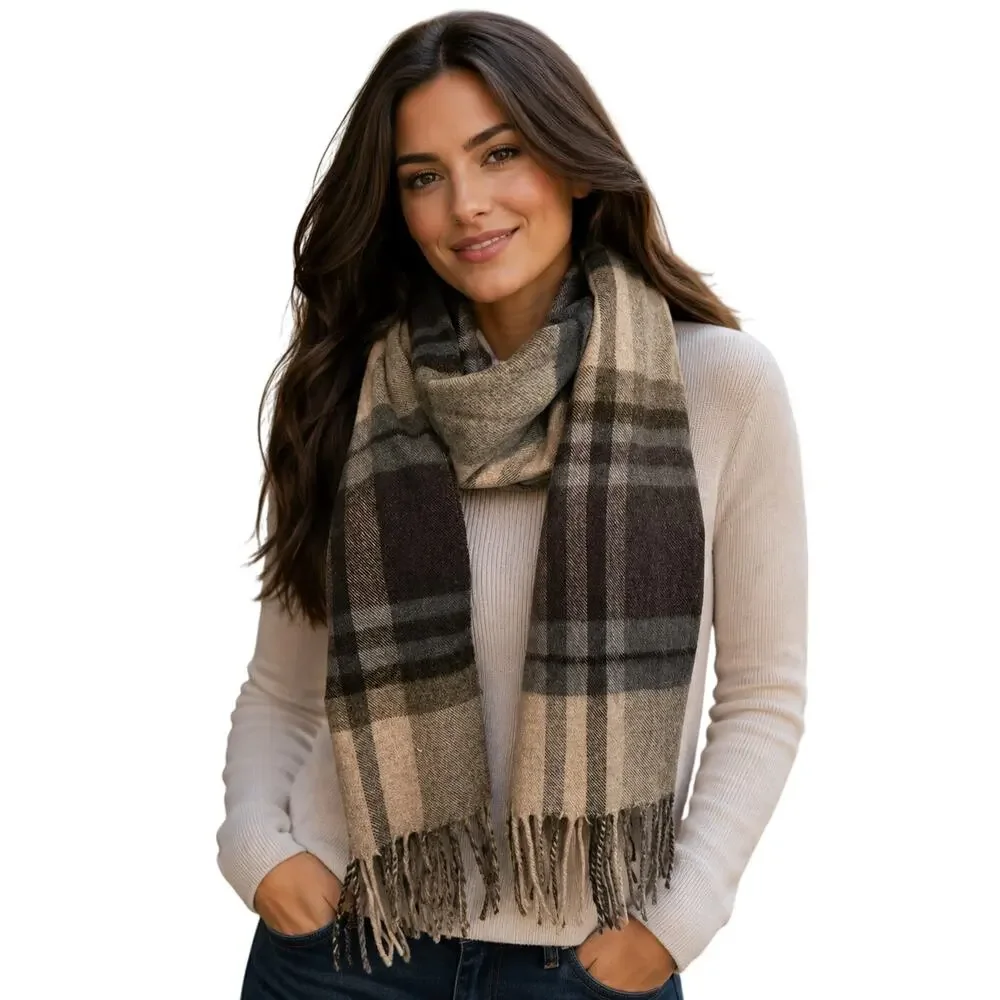 V. Frass Cashmink Gray Plaid Scarf Fringed Warm Cozy Preppy Classic Heritage